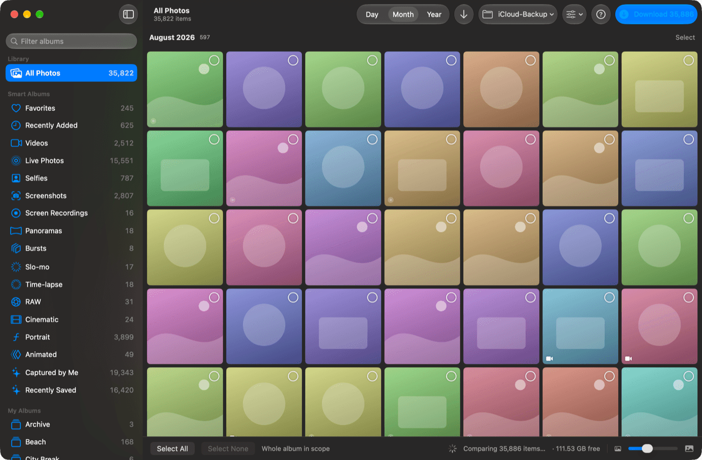 iCloud GUI showing a photo library grouped by month, with a destination folder chosen